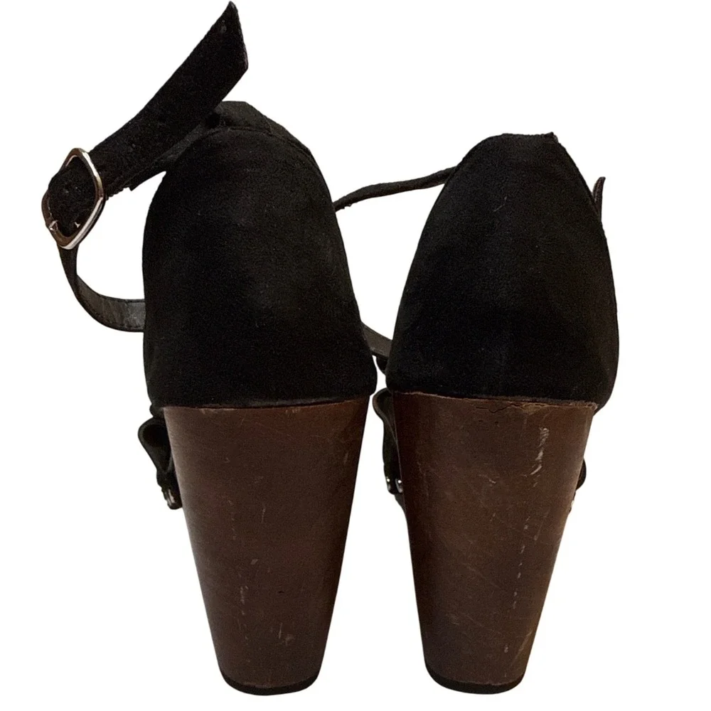 Torrid‎ Black Suede Wedge Sandals Ankle Strap Bow Studded Platform Wooden 8.5